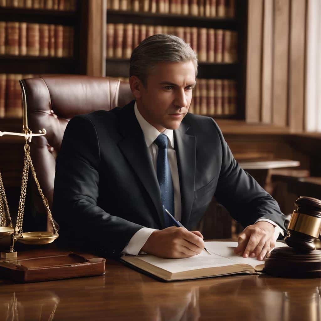 Lawyer sitting on his desk holding a pen